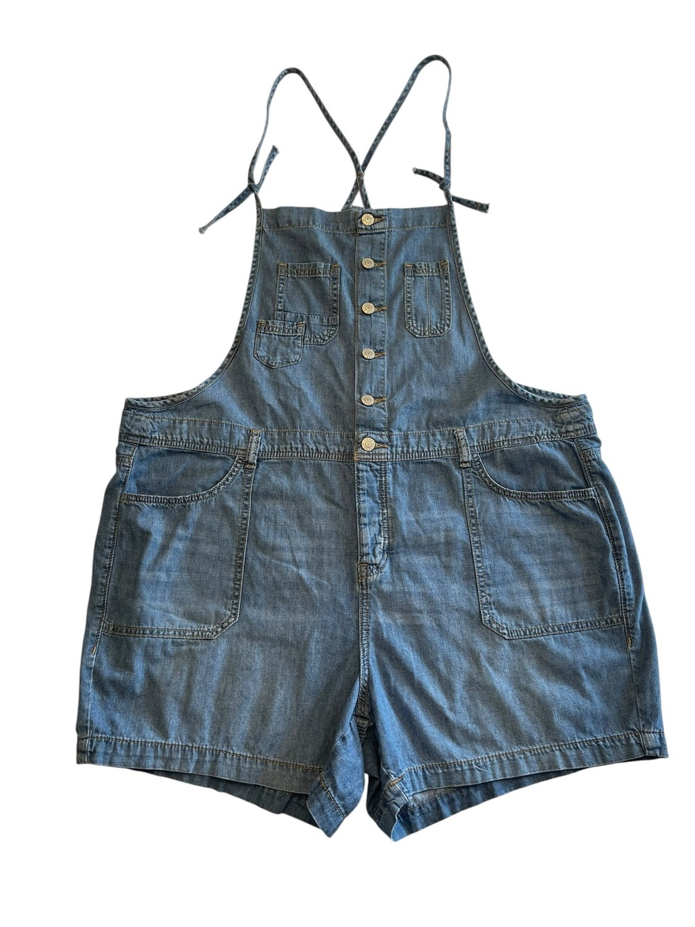 torrid Lightweight Tie Shoulder Denim Short Overalls Relaxed Fit Chambray Romper